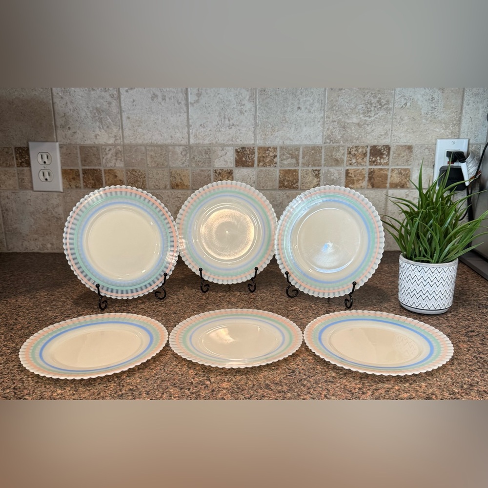 Vintage MacBeth Evans Glass 1930s Petalware Cremax Pastel Banded Six 8" Plates